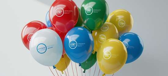 Bunte Luftballons mit aufgedrucktem Logo, die bei einer Veranstaltung für Aufmerksamkeit und Markenpräsenz sorgen
