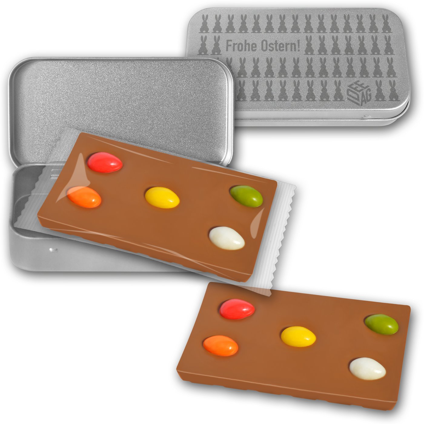 Schokoladentafel mit Zuckereiern in Metalldose
